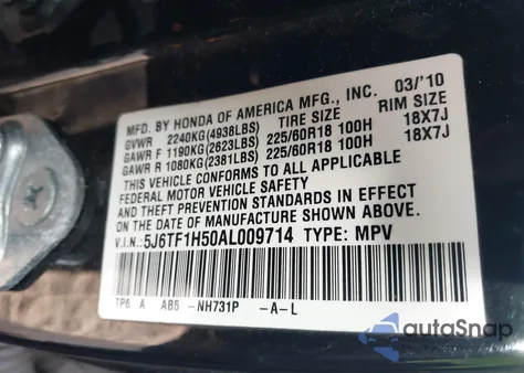 2010 Honda Accord Crosstour Ex-L from USA, damaged, VIN 5J6TF1H50AL009714